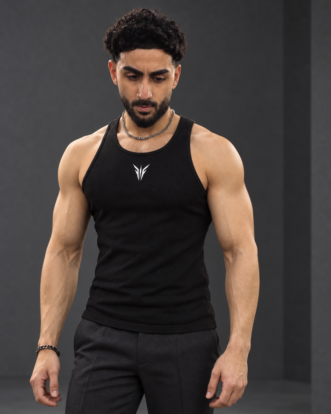 AI-assisted studio campaign with a model wearing the SCULPT 01 sample